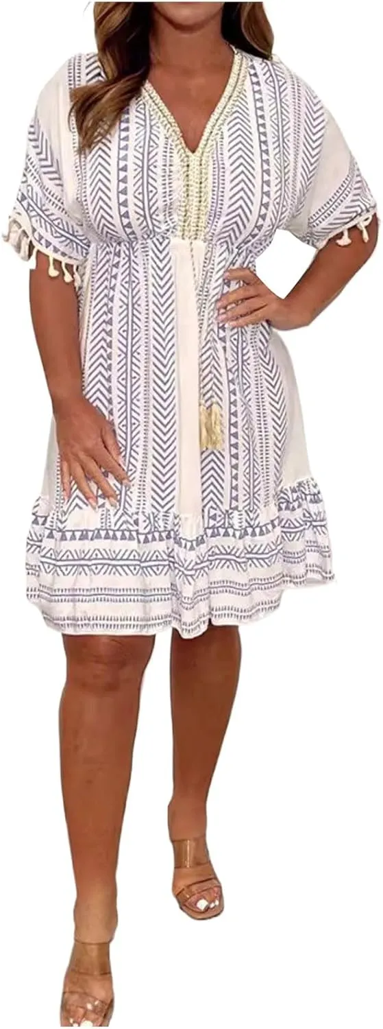 Boho Dress for Women Loose Fit Casual V Neck Tassels Short Sleeve Vintage Ethnic Style Knee Lenght Wrap Midi Dresses