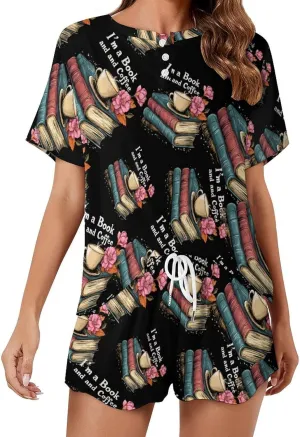 Book Coffee Print Pajamas for Women Set Short Sleeve Top And Shorts Lounge Sleepwear Loungewear 2Pcs Pj Sets
