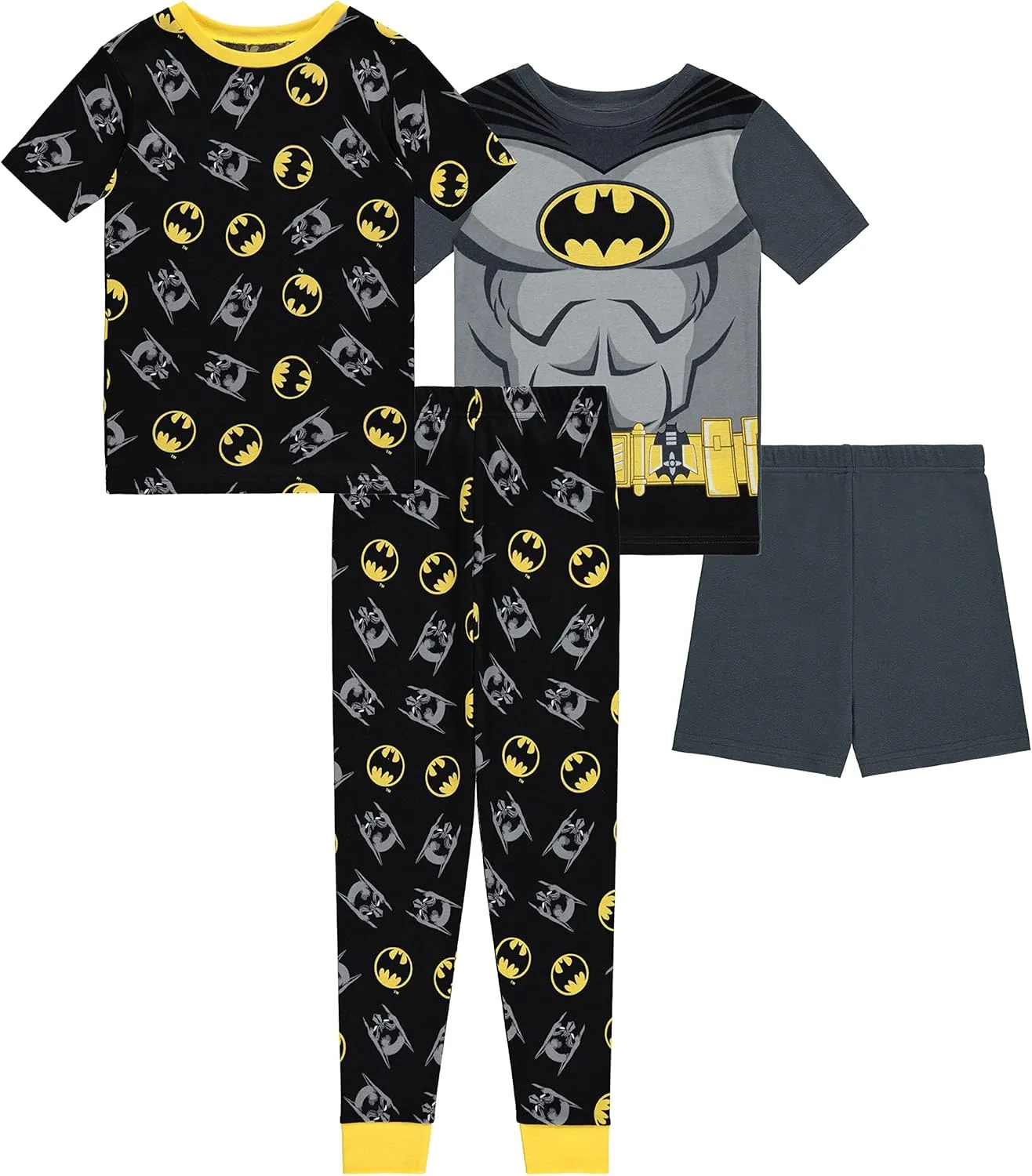 Boys DC Comics Batman Pajamas Set - 4 Piece Short Sleeve Batman Pajamas - Short Sleeves, Shorts and Pants Pajamas Set