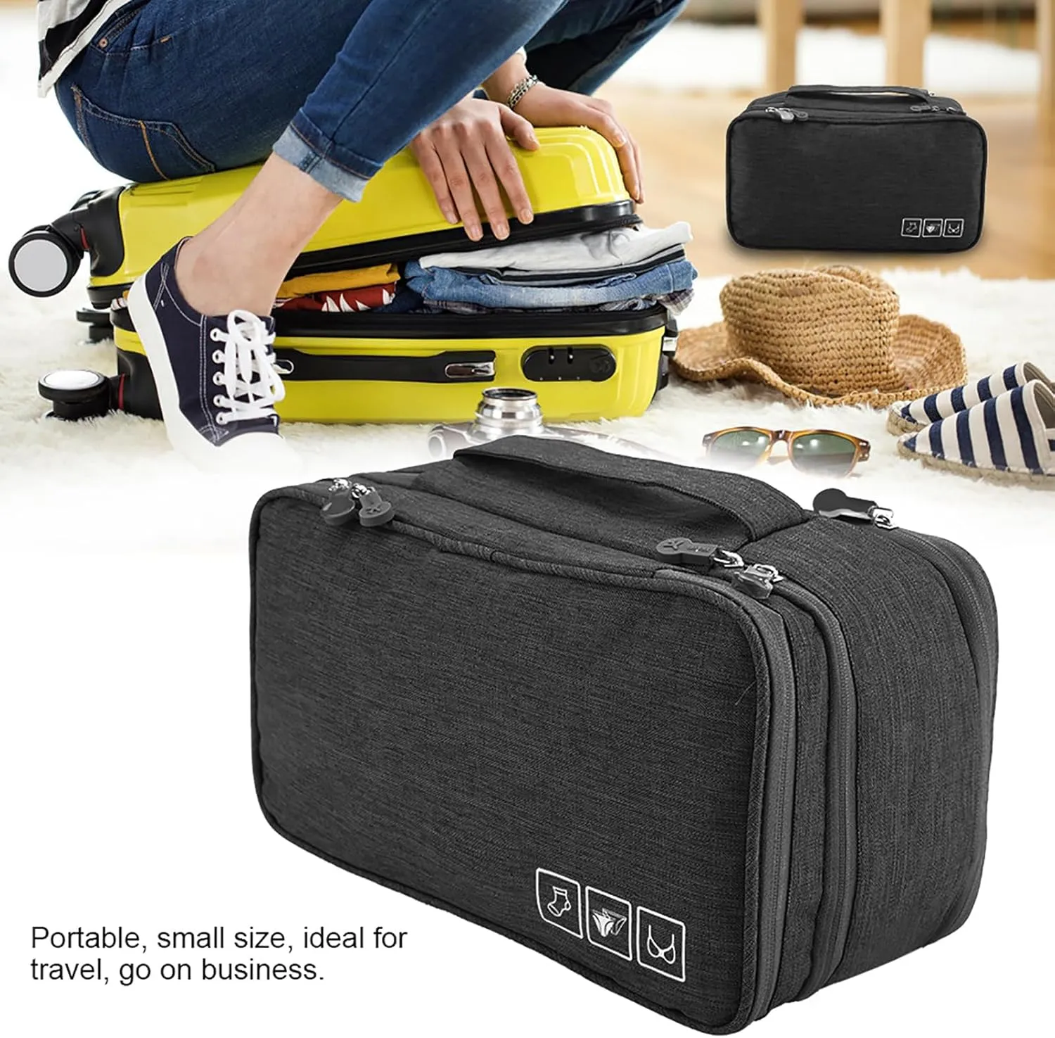 Bra Storage Organizer, Travel Storage Bag Bra Travel Case Underwear Travel Bag USB Case Packing Cube Cosmetic Bag for Hotel Home (Black)