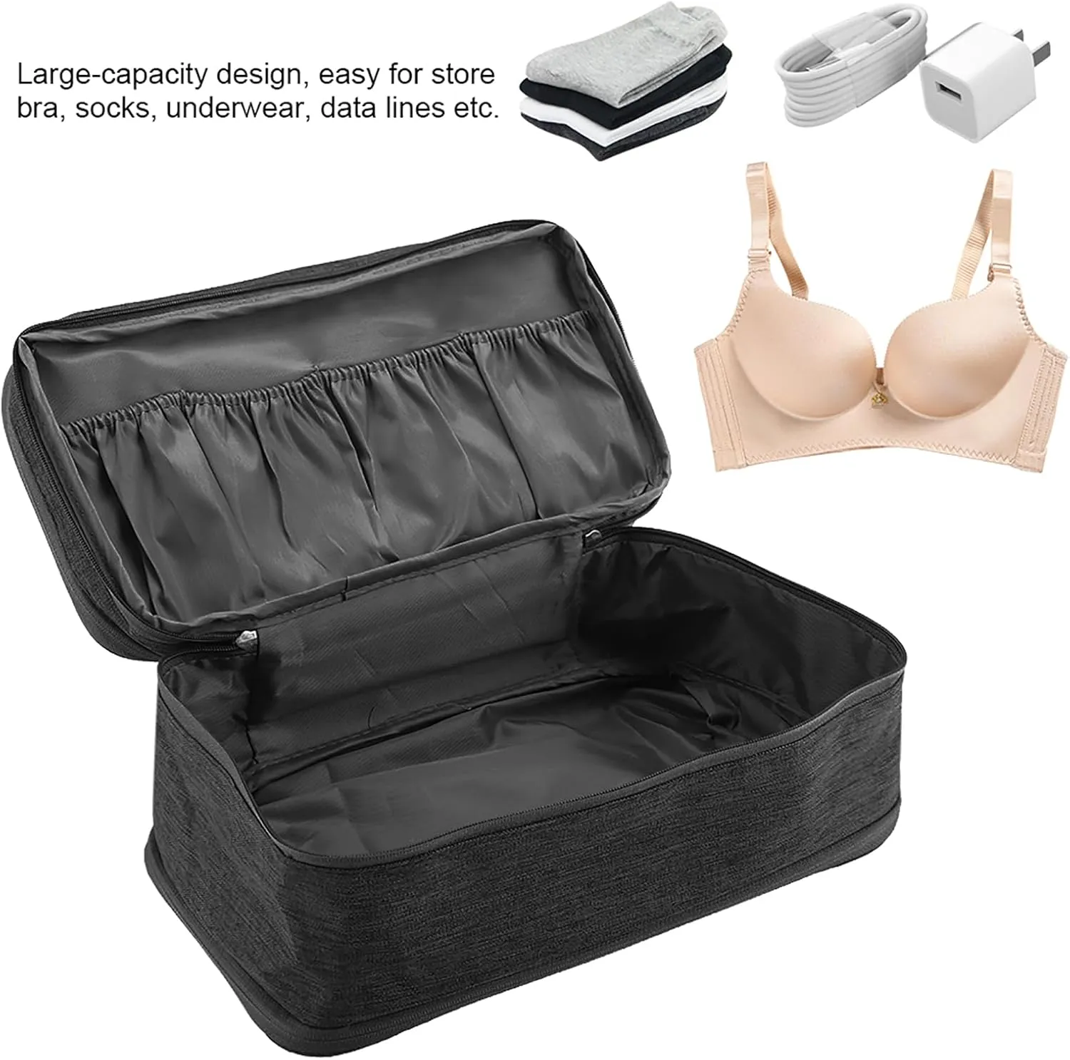 Bra Storage Organizer, Travel Storage Bag Bra Travel Case Underwear Travel Bag USB Case Packing Cube Cosmetic Bag for Hotel Home (Black)