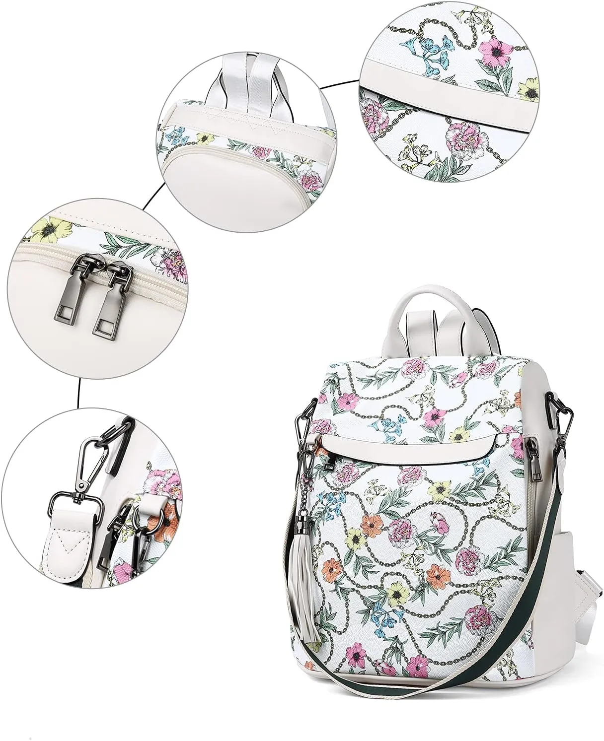 BROMEN Backpack Purse for Women Leather Anti Theft Travel Fashion Shoulder Bag Beige Floral