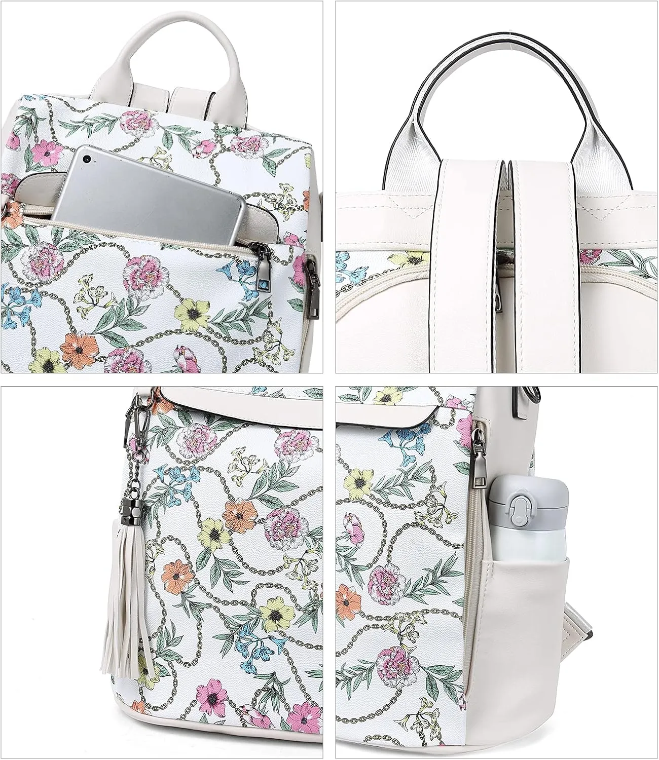 BROMEN Backpack Purse for Women Leather Anti Theft Travel Fashion Shoulder Bag Beige Floral
