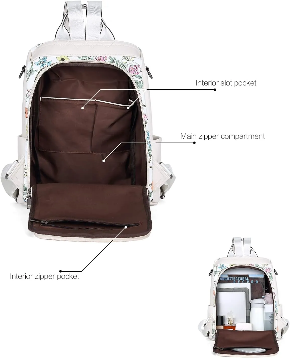 BROMEN Backpack Purse for Women Leather Anti Theft Travel Fashion Shoulder Bag Beige Floral