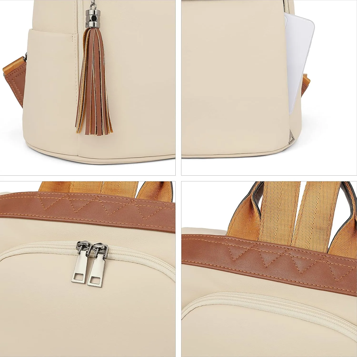 BROMEN Backpack Purse for Women Leather Anti-theft Travel Fashion Shoulder Bag Contrast Beige