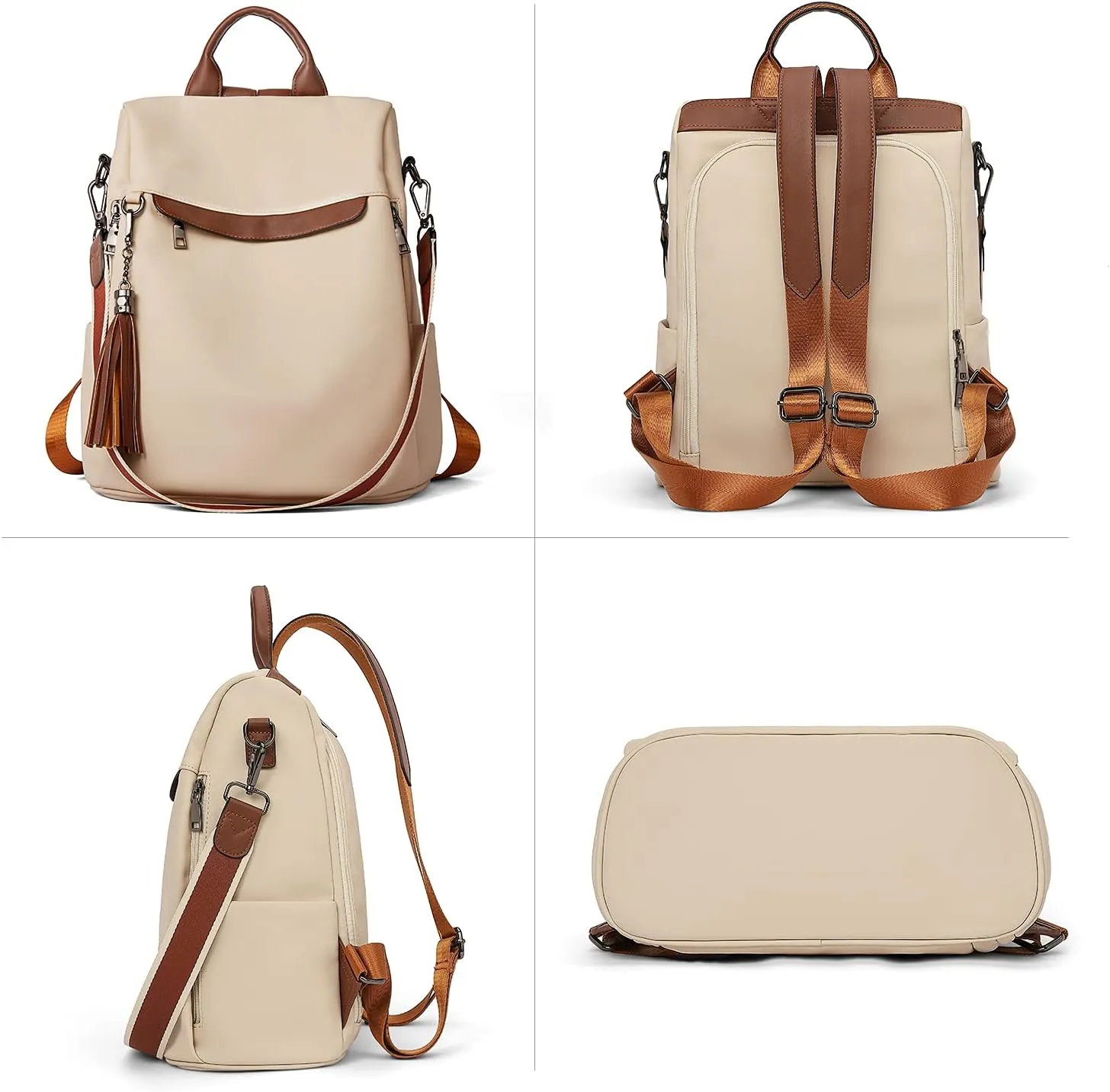 BROMEN Backpack Purse for Women Leather Anti-theft Travel Fashion Shoulder Bag Contrast Beige