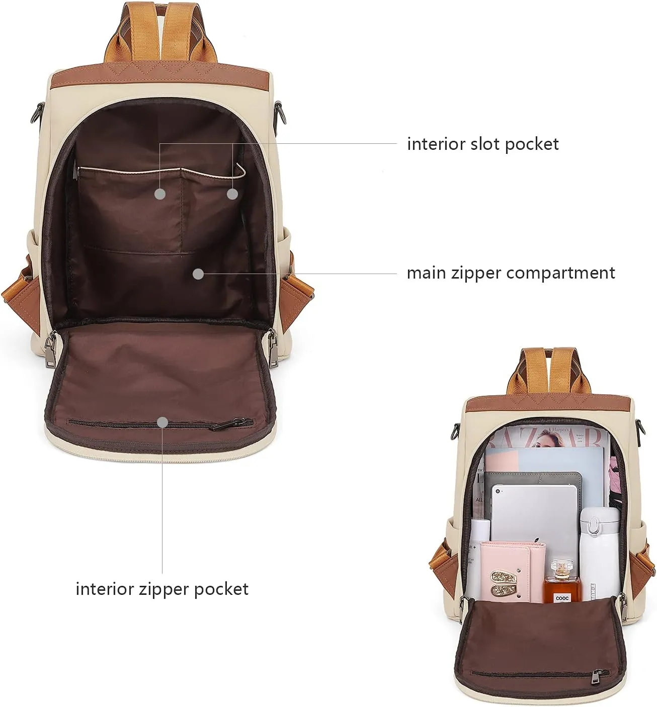 BROMEN Backpack Purse for Women Leather Anti-theft Travel Fashion Shoulder Bag Contrast Beige
