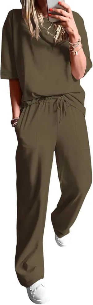 BTFBM 2 Piece Sets For Women Summer Short Sleeve Top Wide Leg Pants Casual Airport Travel Outfits Lounge Sets Tracksuits