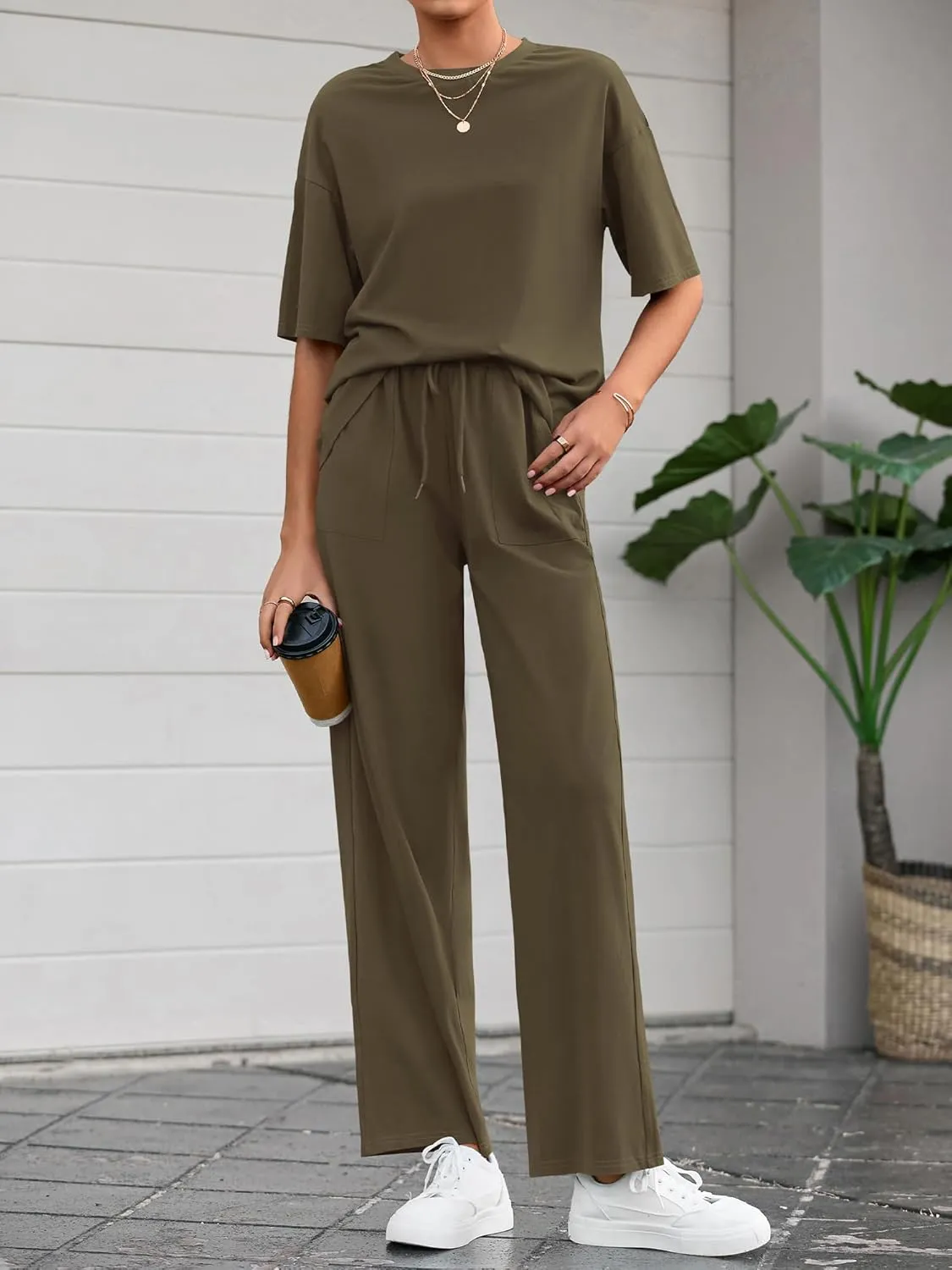 BTFBM 2 Piece Sets For Women Summer Short Sleeve Top Wide Leg Pants Casual Airport Travel Outfits Lounge Sets Tracksuits