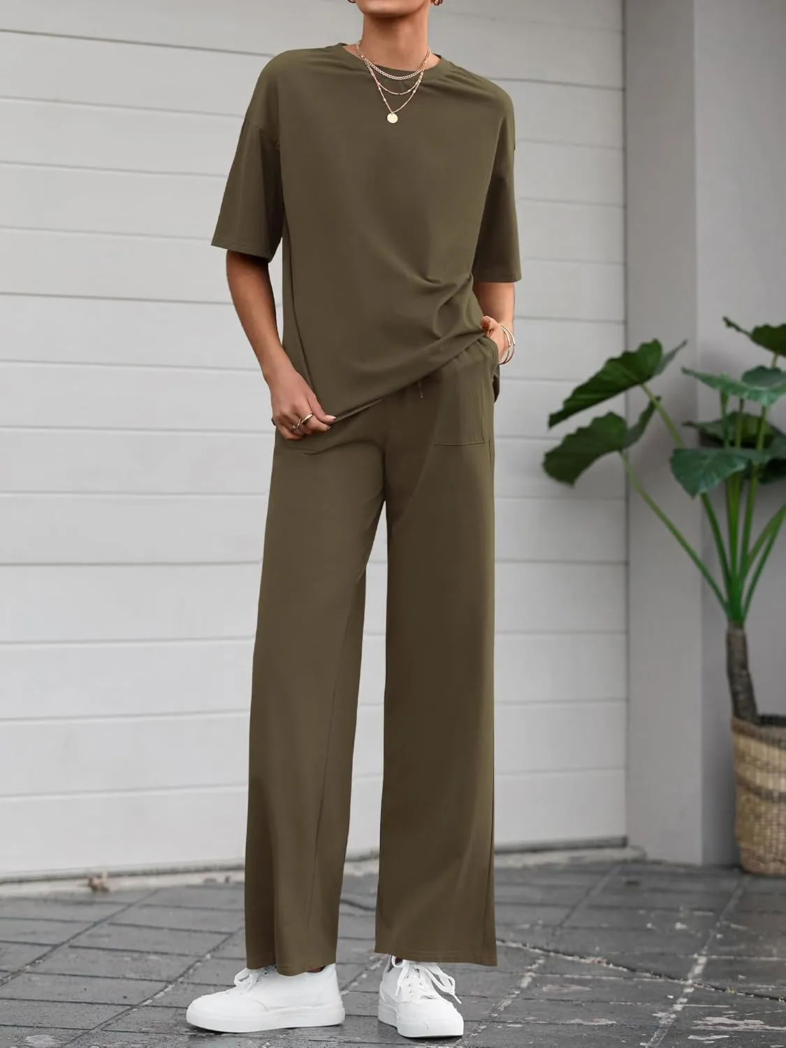 BTFBM 2 Piece Sets For Women Summer Short Sleeve Top Wide Leg Pants Casual Airport Travel Outfits Lounge Sets Tracksuits