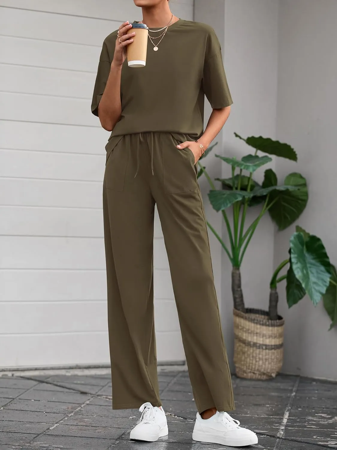 BTFBM 2 Piece Sets For Women Summer Short Sleeve Top Wide Leg Pants Casual Airport Travel Outfits Lounge Sets Tracksuits
