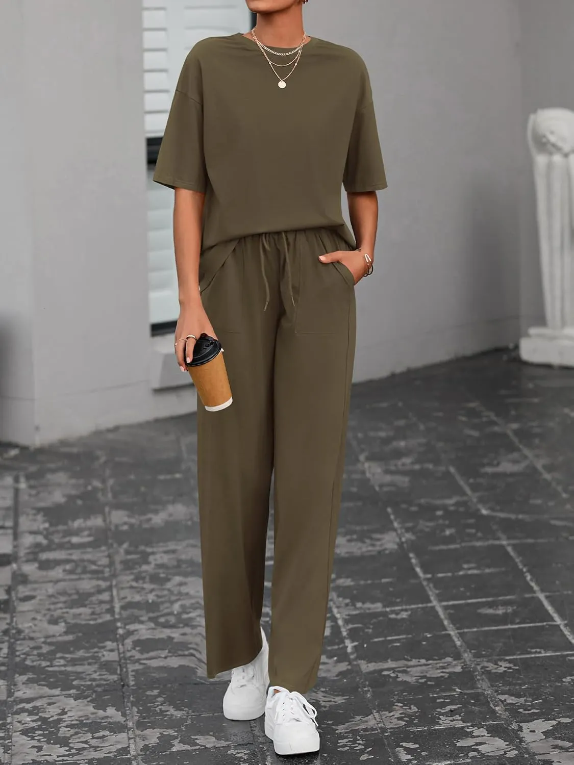 BTFBM 2 Piece Sets For Women Summer Short Sleeve Top Wide Leg Pants Casual Airport Travel Outfits Lounge Sets Tracksuits