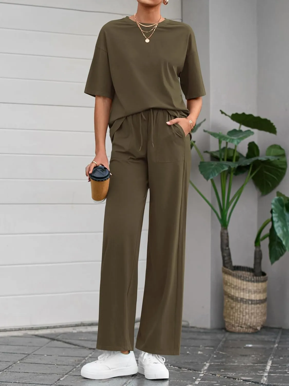BTFBM 2 Piece Sets For Women Summer Short Sleeve Top Wide Leg Pants Casual Airport Travel Outfits Lounge Sets Tracksuits