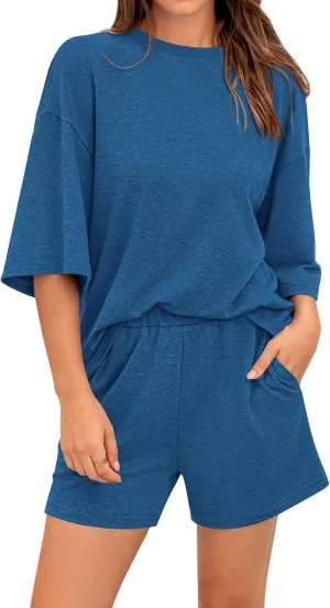 BTFBM Women Summer 2 Piece Outfits 2025 Spring Matching Set Short Sleeve Tops Elastic Waist Shorts Lounge Sets Pocket