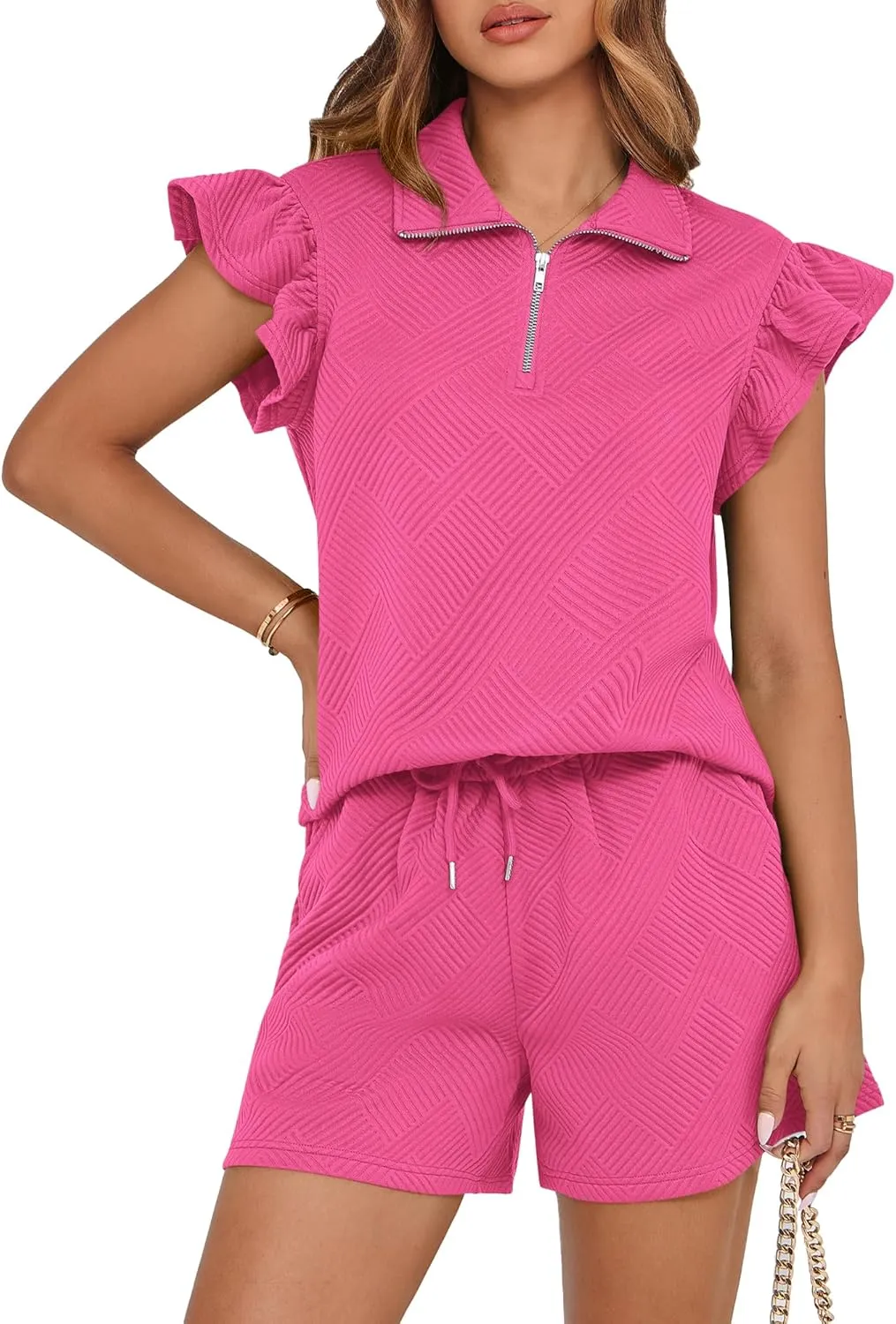 BTFBM Women's 2 Piece Outfits Sweatsuit Zipper V Neck Casual Ruffle Short Sleeve Tops and Drawstring Shorts Lounge Sets