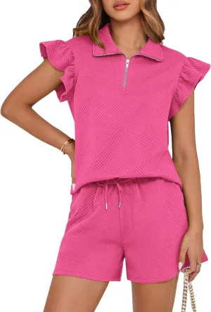 BTFBM Women's 2 Piece Outfits Sweatsuit Zipper V Neck Casual Ruffle Short Sleeve Tops and Drawstring Shorts Lounge Sets