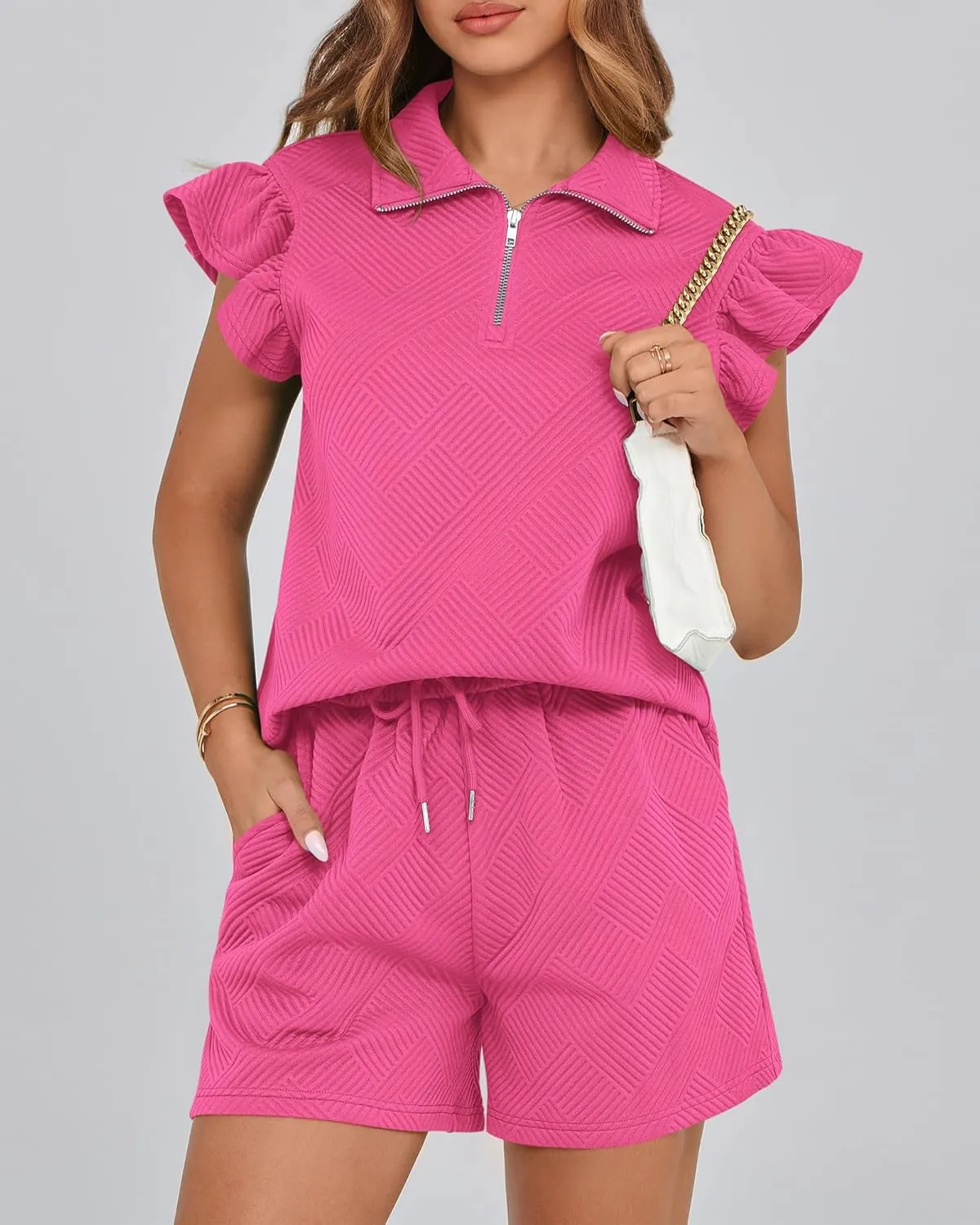 BTFBM Women's 2 Piece Outfits Sweatsuit Zipper V Neck Casual Ruffle Short Sleeve Tops and Drawstring Shorts Lounge Sets