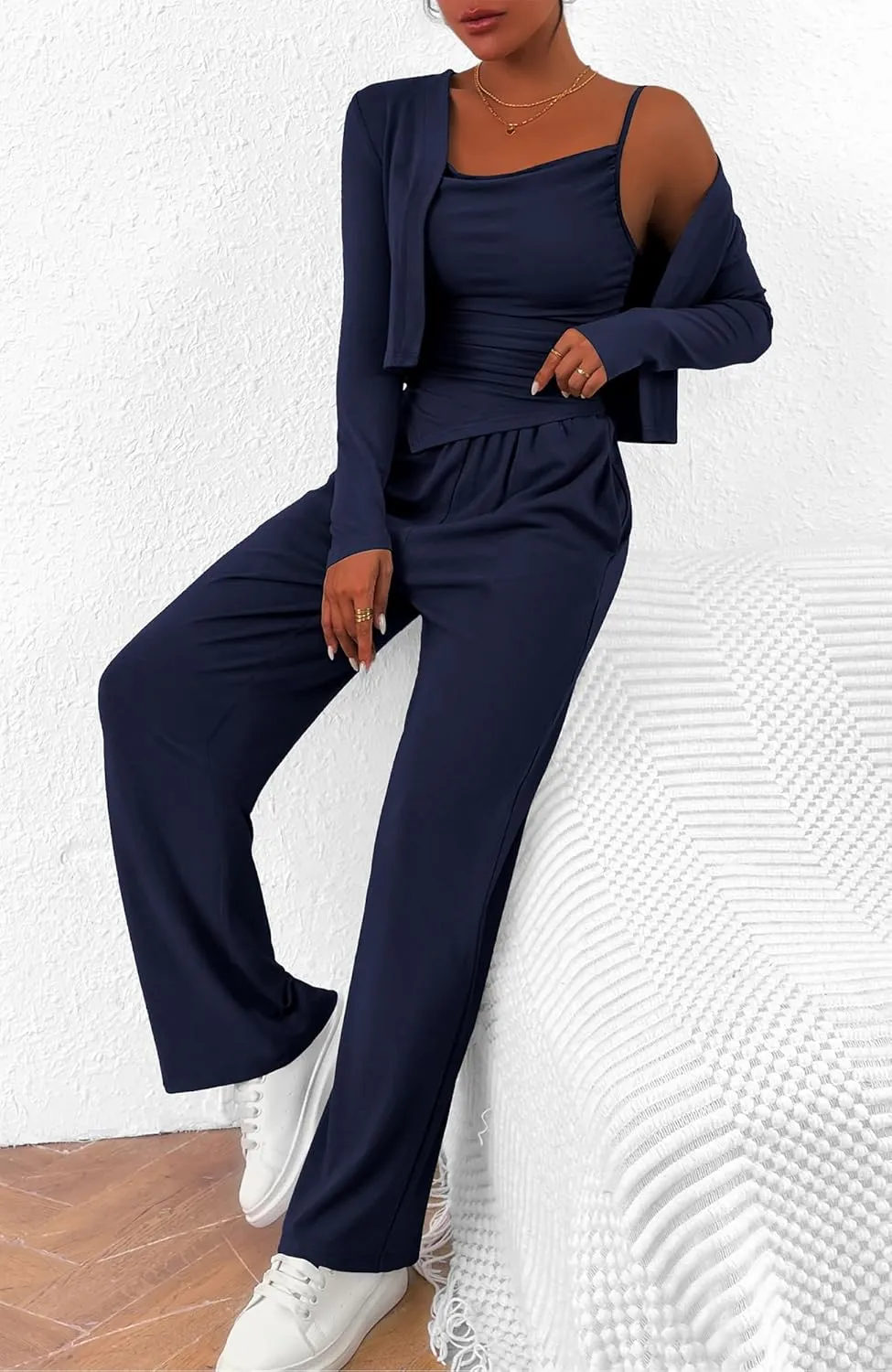 BTFBM Women's Fall Lounge Sets 3 Piece Outfit Tracksuits Casual Long Sleeve Tops High Waisted Sweatpants Set