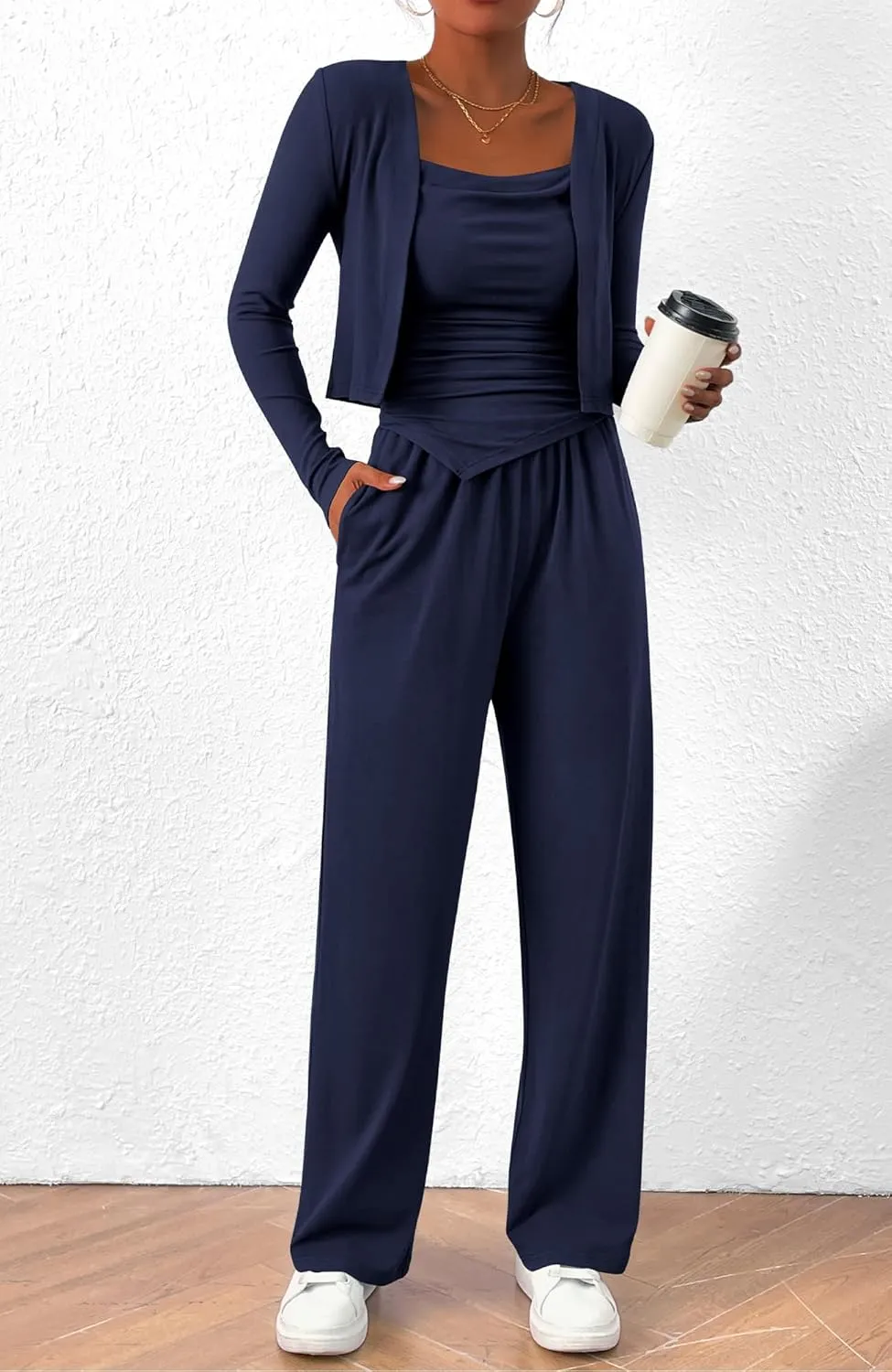 BTFBM Women's Fall Lounge Sets 3 Piece Outfit Tracksuits Casual Long Sleeve Tops High Waisted Sweatpants Set