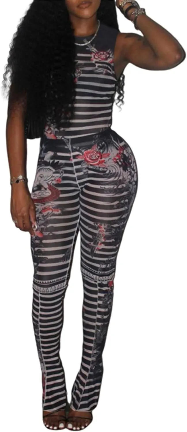 CALEBGAR 2 Piece Outfits for Women Sexy Sheer Mesh Print Tank Bodysuit Top Flare Pants Sets Bodycon Jumpsuits Clubwear