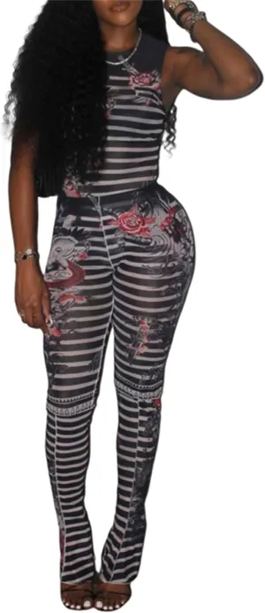 CALEBGAR 2 Piece Outfits for Women Sexy Sheer Mesh Print Tank Bodysuit Top Flare Pants Sets Bodycon Jumpsuits Clubwear