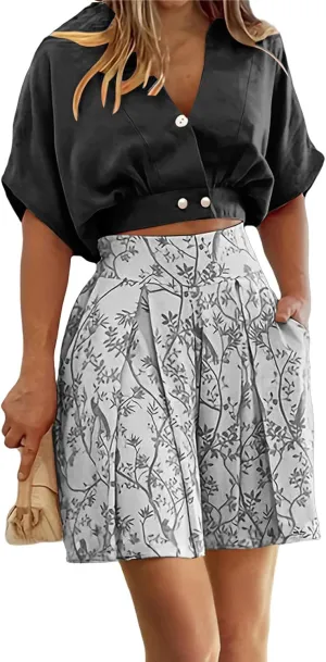 Canbebig Women's 2 Piece Lounge Sets V Neck Crop Tops Matching Print High Waisted Shorts Loungewear Sets Casual Boho Outfits