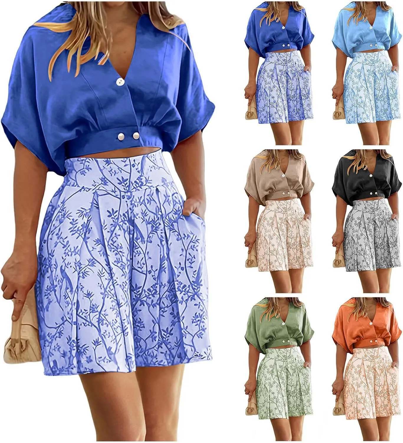 Canbebig Women's 2 Piece Lounge Sets V Neck Crop Tops Matching Print High Waisted Shorts Loungewear Sets Casual Boho Outfits