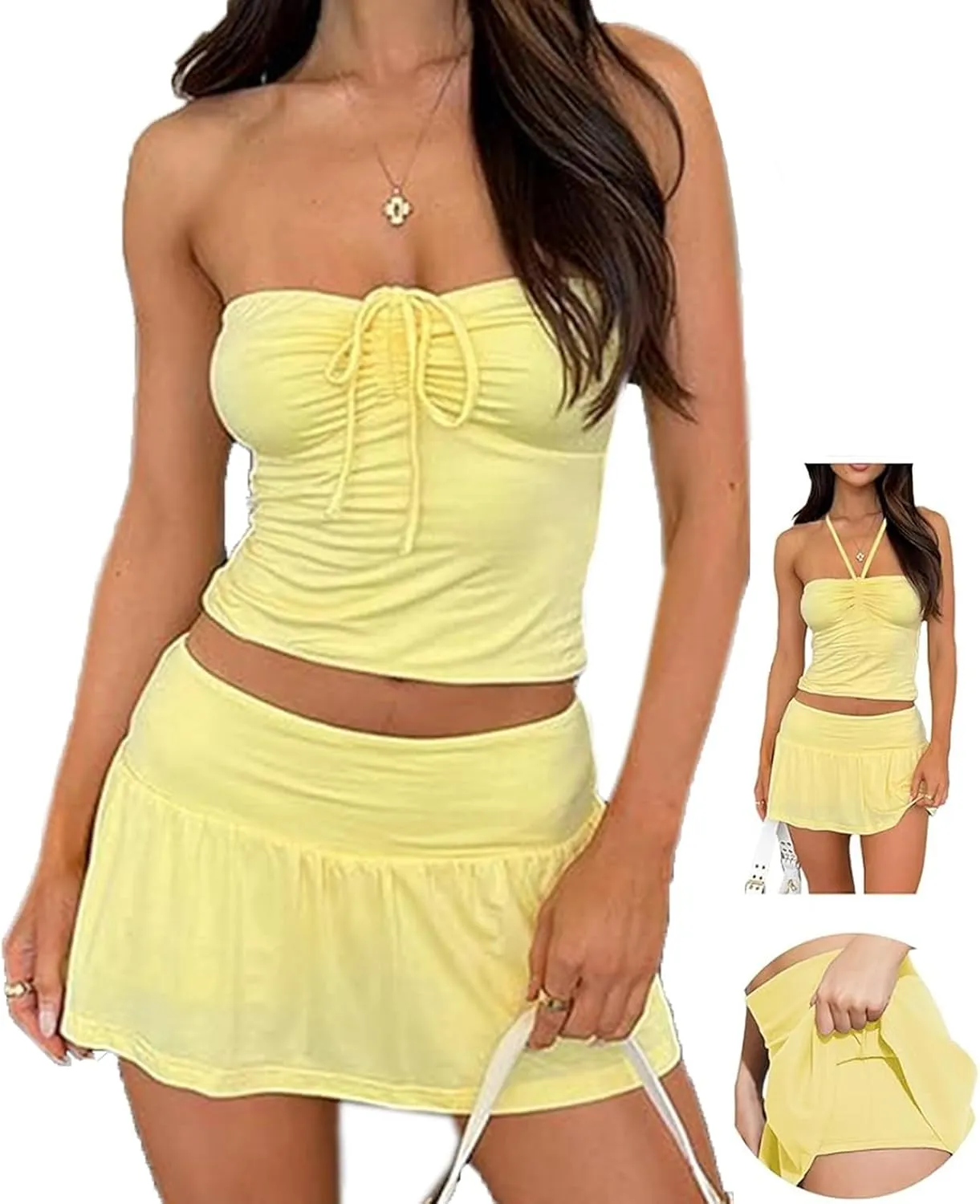 CAPE CLIQUE Rave Outfits for Women Cute Summer Festival Two Piece Sets Sexy Going Out Y2K Skirt Skort and Top Set