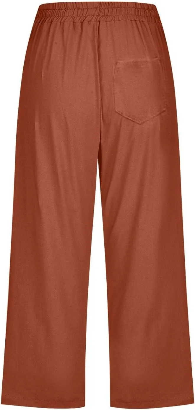Capri Pants for Women Casual 2025 Summer Drawstring Elastic High Waist Linen Pant Straight Wide Leg Cropped Trouser