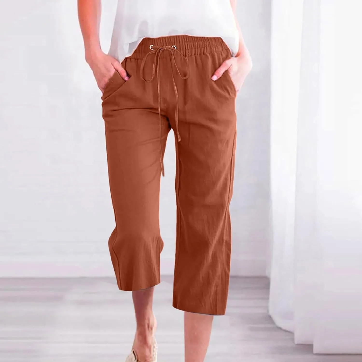 Capri Pants for Women Casual 2025 Summer Drawstring Elastic High Waist Linen Pant Straight Wide Leg Cropped Trouser