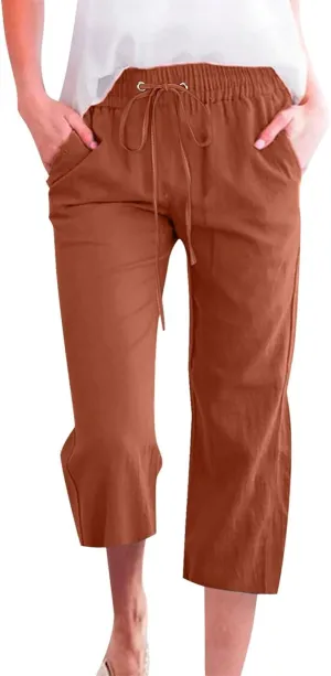 Capri Pants for Women Casual 2025 Summer Drawstring Elastic High Waist Linen Pant Straight Wide Leg Cropped Trouser