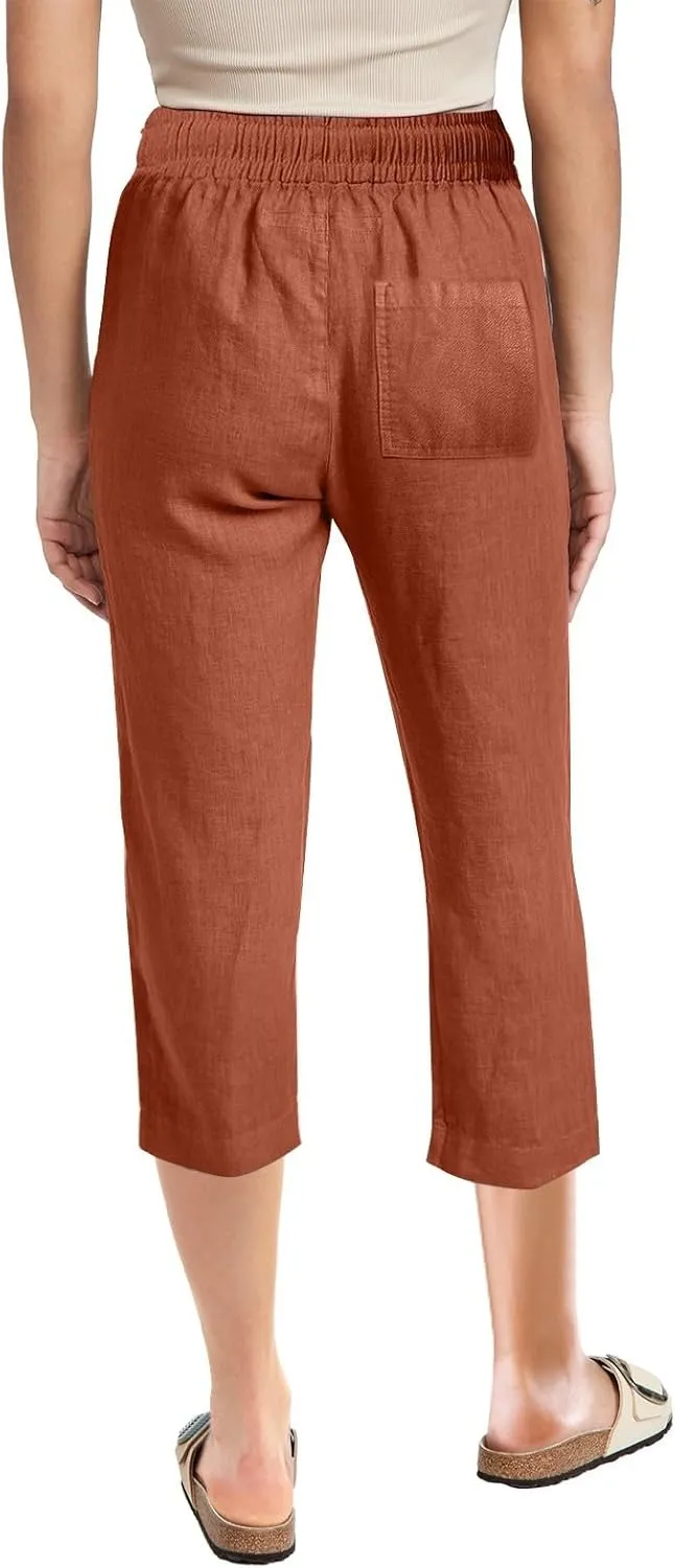 Capri Pants for Women Casual 2025 Summer Drawstring Elastic High Waist Linen Pant Straight Wide Leg Cropped Trouser