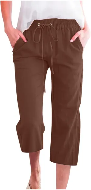 Capri Pants for Women Summer Cotton Linen Cropped Pants Casual Wide Leg Drawstring Elastic Waist Trouser S-3XL