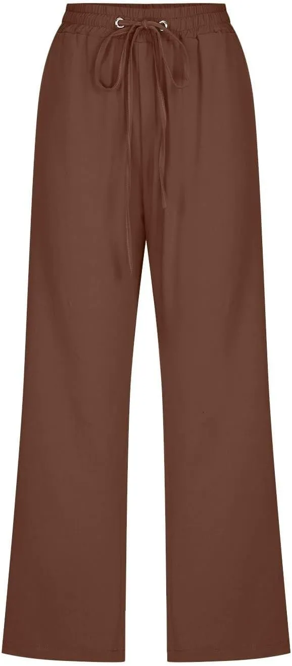 Capri Pants for Women Summer Cotton Linen Cropped Pants Casual Wide Leg Drawstring Elastic Waist Trouser S-3XL
