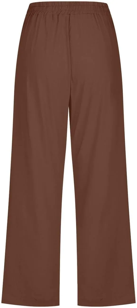 Capri Pants for Women Summer Cotton Linen Cropped Pants Casual Wide Leg Drawstring Elastic Waist Trouser S-3XL