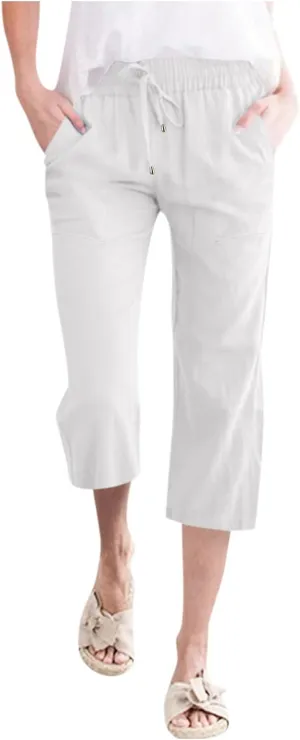 Capris Pants for Women Casual Summer Cotton Linen Pant Lounge Palazzo Elastic Straight Leg Cropped Trousers