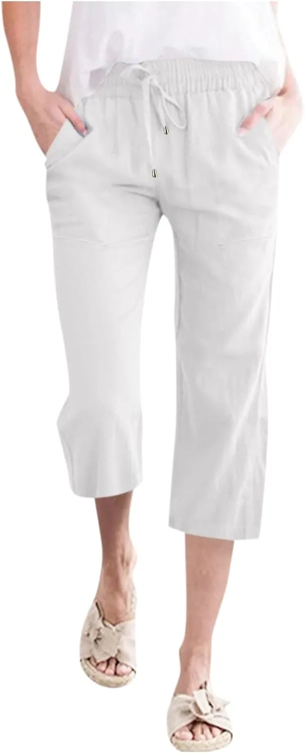 Capris Pants for Women Casual Summer Cotton Linen Pant Lounge Palazzo Elastic Straight Leg Cropped Trousers