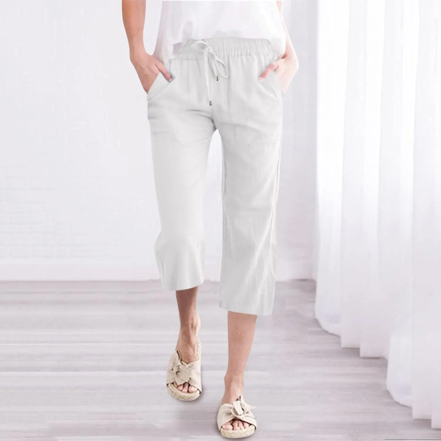 Capris Pants for Women Casual Summer Cotton Linen Pant Lounge Palazzo Elastic Straight Leg Cropped Trousers