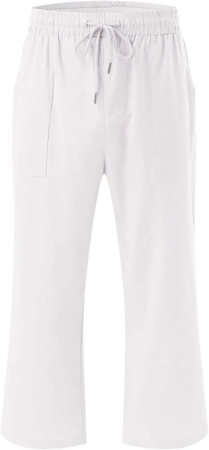 Capris Pants for Women Casual Summer Cotton Linen Pant Lounge Palazzo Elastic Straight Leg Cropped Trousers