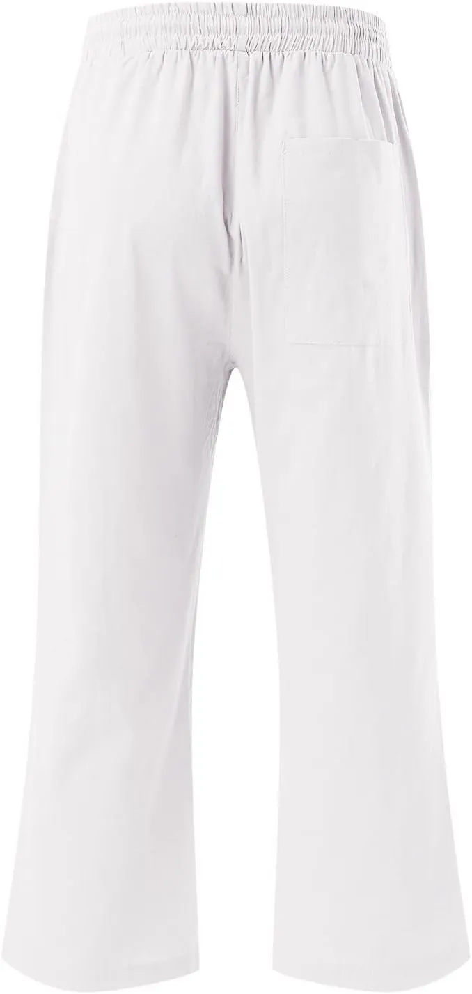 Capris Pants for Women Casual Summer Cotton Linen Pant Lounge Palazzo Elastic Straight Leg Cropped Trousers