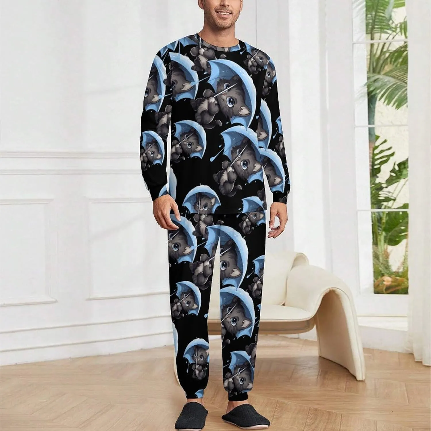 Cat With Umbrella Mens Pajamas Set Long Sleeve Sleepwear Set Soft Underwear Set Loungewear