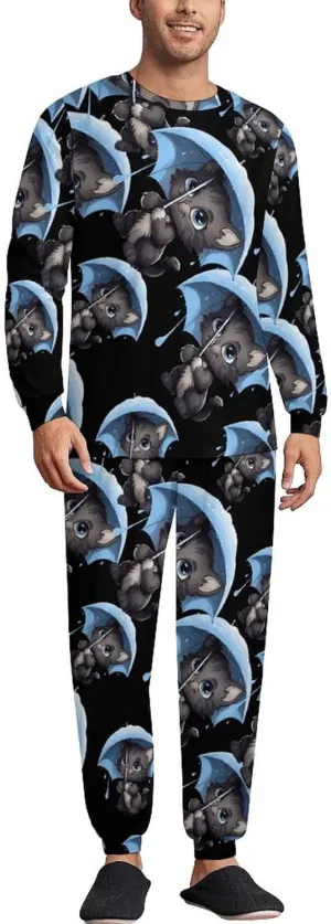 Cat With Umbrella Mens Pajamas Set Long Sleeve Sleepwear Set Soft Underwear Set Loungewear