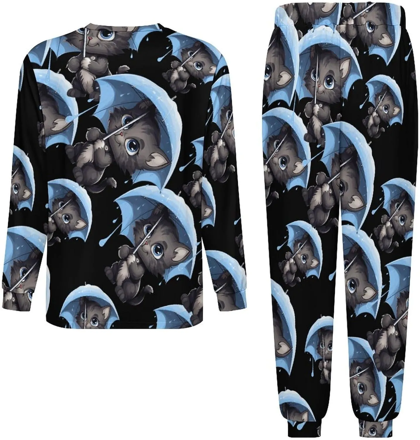 Cat With Umbrella Mens Pajamas Set Long Sleeve Sleepwear Set Soft Underwear Set Loungewear