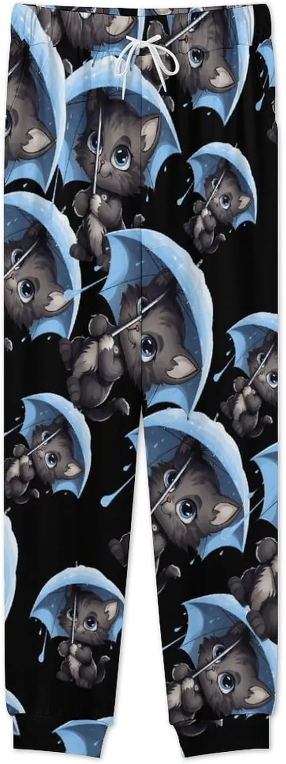 Cat With Umbrella Mens Pajamas Set Long Sleeve Sleepwear Set Soft Underwear Set Loungewear