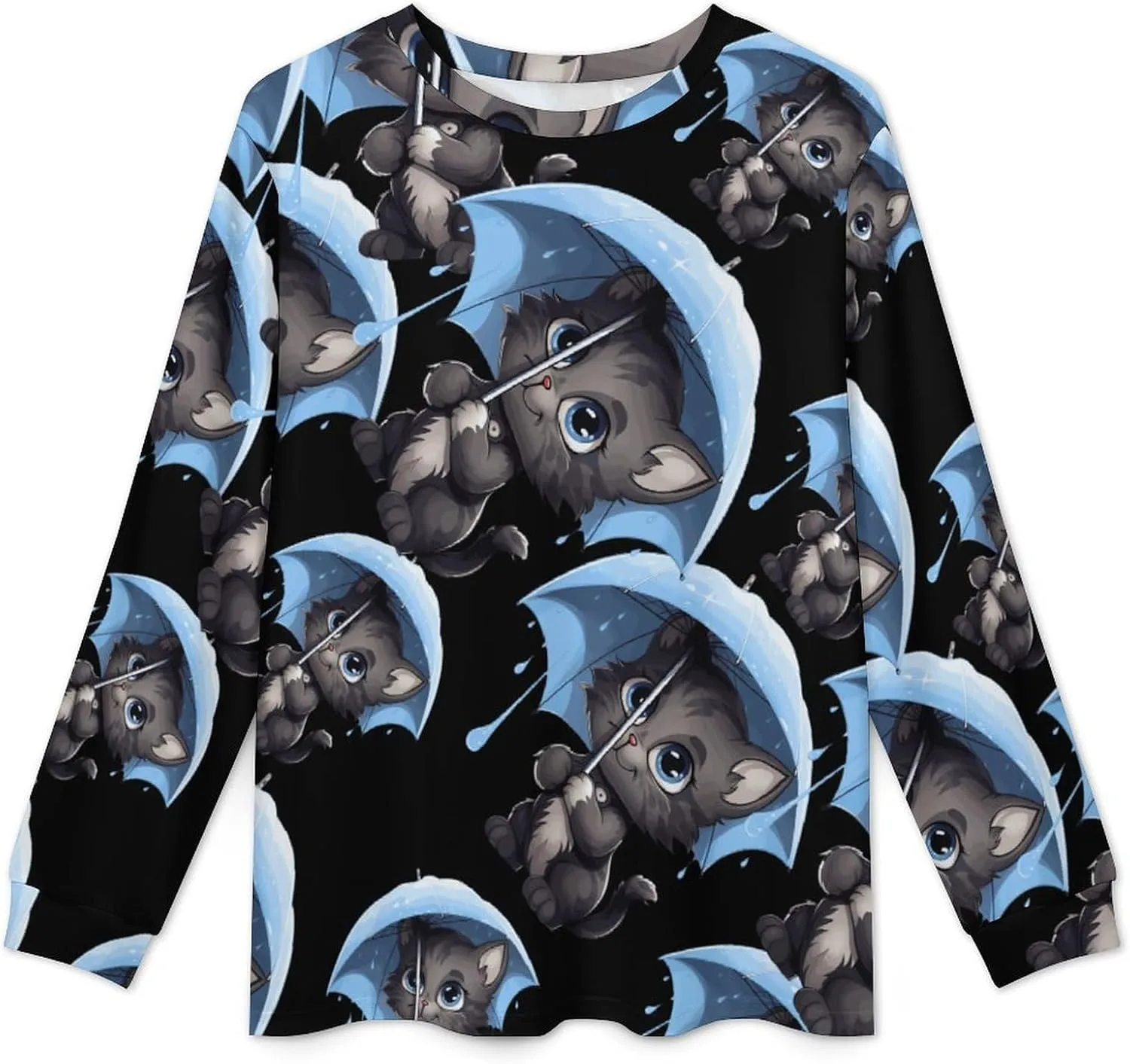 Cat With Umbrella Mens Pajamas Set Long Sleeve Sleepwear Set Soft Underwear Set Loungewear