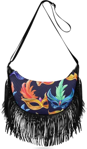 CEBUGI Women's Fringe Crossbody Tassel Purse Carnival Masks Hobo Shoulder Bags Crossbody Handbag with Adjustable Shoulder Straps
