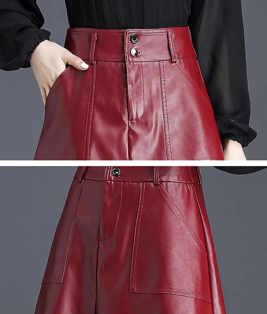 chouyatou Women's Casual High Waist Pu Leather Skirts A-Line Faux Leather Midi Long Skirt with Pockets