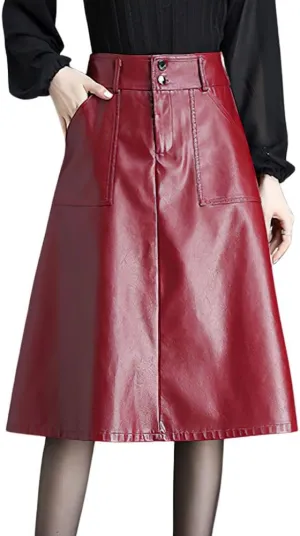 chouyatou Women's Casual High Waist Pu Leather Skirts A-Line Faux Leather Midi Long Skirt with Pockets