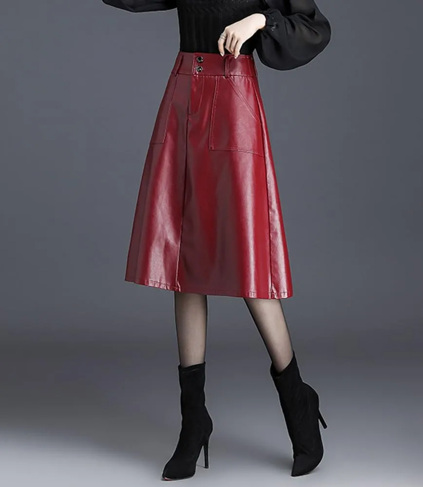 chouyatou Women's Casual High Waist Pu Leather Skirts A-Line Faux Leather Midi Long Skirt with Pockets