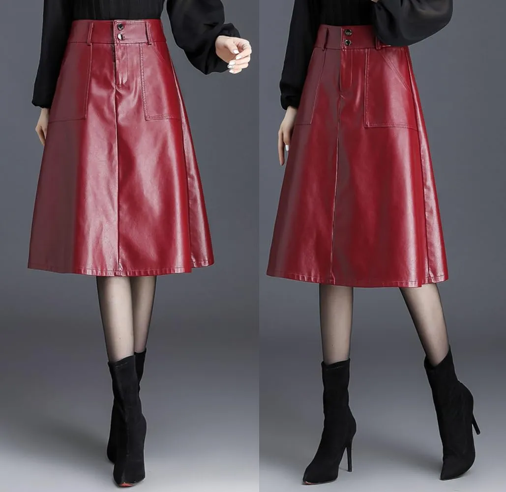 chouyatou Women's Casual High Waist Pu Leather Skirts A-Line Faux Leather Midi Long Skirt with Pockets